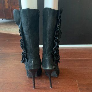 Black Suede Mid-Calf Boot with Ruffle Detail